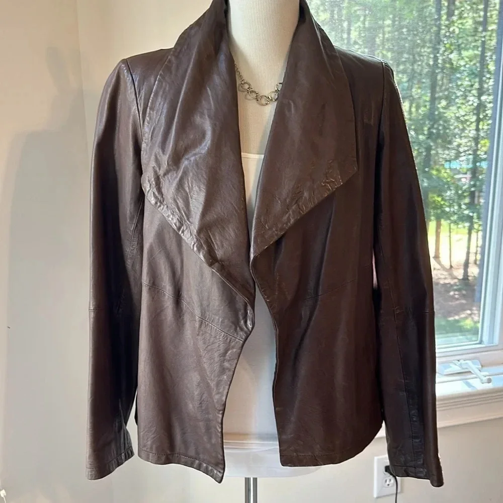 Eileen Fisher Vintage Open Brown Leather Jacket, Size Small, EUC - Picture 2 of 9